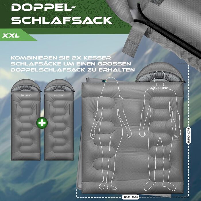 Сплячий мішок KESSER® Outdoor | Декальний спальний мішок 3-4 сезони | Для дорослих та дітей | Легкий, теплий, водостійкий | З лампою та кишенею (Сірий, 220 x 83 см)
