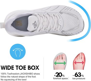 Чоловічі кросівки JACKSHIBO з широкою передньою частиною та підтримкою склепіння стопи. Підходять для бігу, ходьби, тенісу та занять спортом. Ортопедичне взуття для плоскостопості, без каблука, з товстою підошвою. Розмір 42.5 EU, білий колір.
