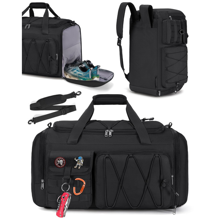 Спортивна сумка RAINSMORE 45L 3-в-1 для фітнесу та подорожей, водонепроникна дорожня сумка з відділенням для взуття та мокрих речей, чорна