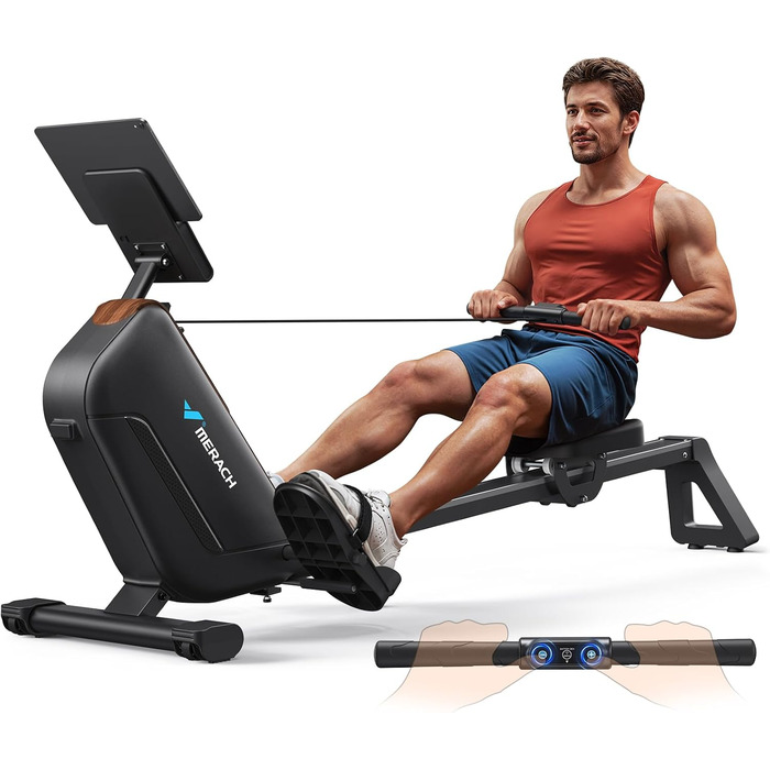 Гребний тренажер MERACH для дому, складаний, з магнітним приводом, тихий, з додатком, подовжені направляючі рейки, електричне регулювання (Plug-in)