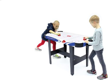 Airhockey стіл Carromco Crosscheck-XT – ігрове поле з високоглянцевим покриттям, вентильоване поле, 2 шайби та 2 ракетки, розмір 79x122x61 см, синій, для дітей та дорослих