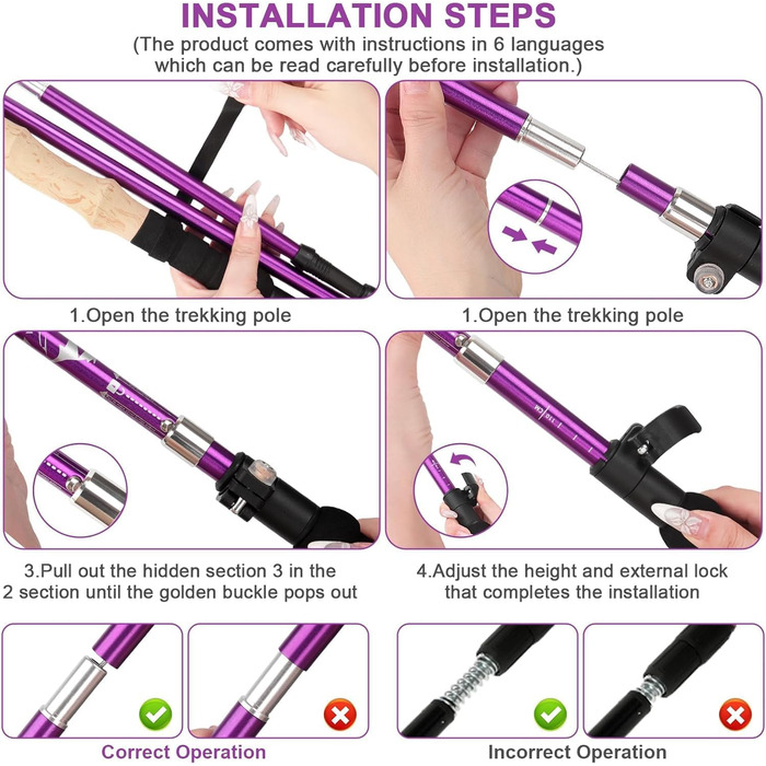 Телескопічні палиці для скандинавської ходьби та трекінгу, складані алюмінієві палиці для ходьби 115-135 см з гумовими наконечниками, унісекс