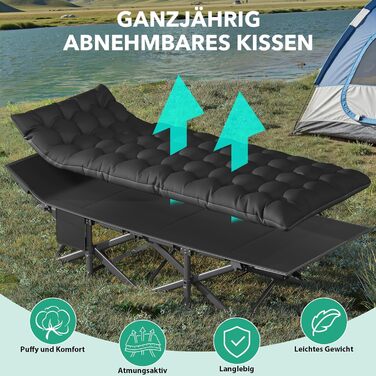 Розкладне ліжко-тахта для кемпінгу з матрацом, сталеве, чорне, 190x71x35 см