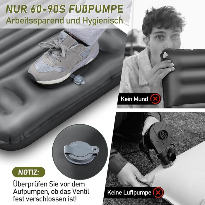 Isomatte Camping 12 см: Надувний килимок для кемпінгу з компактним розміром та насосом, ультралегкий, водонепроникний, анти-ріпстоп для походів та пляжу (сірий)