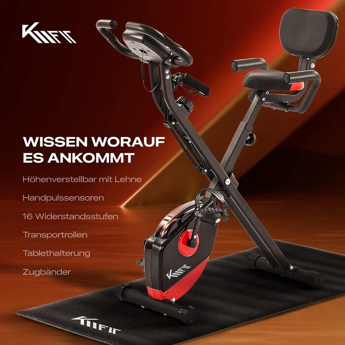 Складаний велотренажер KM Fit 2в1 з LCD-дисплеєм, 16 рівнів навантаження, сенсором пульсу, килимком та тримачем для телефону