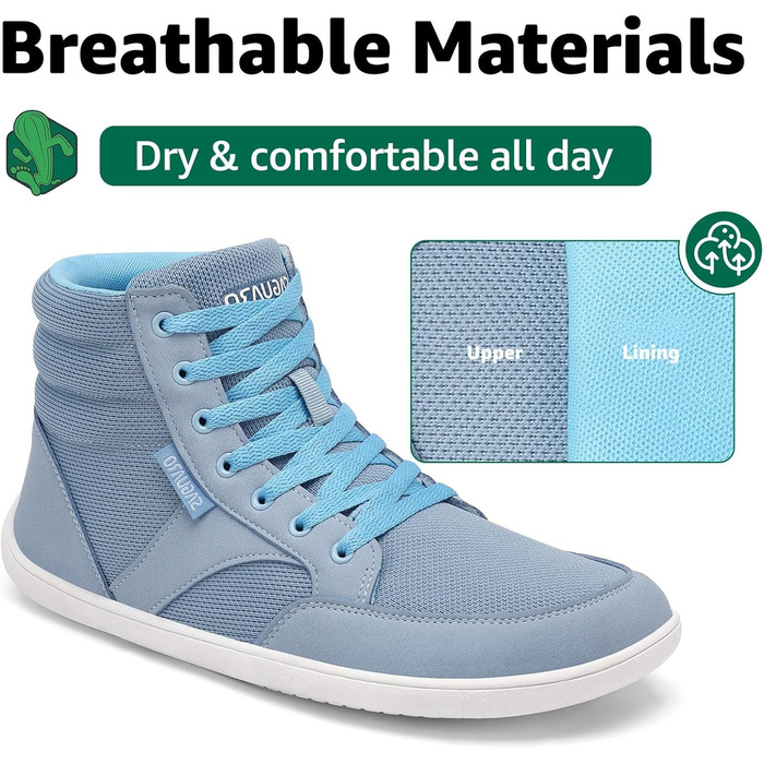 Черевики Saguaro Barfußschuhe High-Top для чоловіків та жінок з широкою передньою частиною та підошвою Zero-Drop, розмір 36-48 (Блакитний, 42 EU)