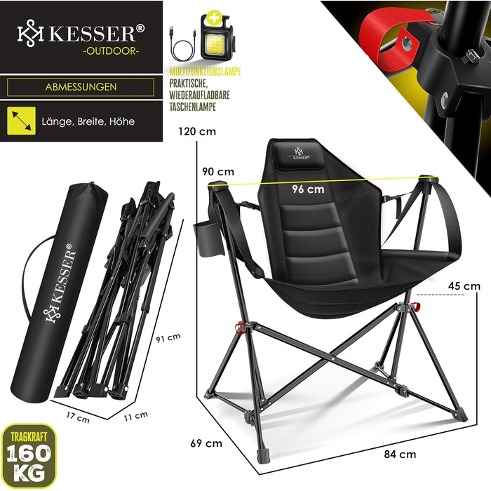 Крісло для кемпінгу KESSER® розкладне, гойдалка, до 160 кг | Рибальське крісло, з підсвічуванням та тримачем для напоїв | З м'яким сидінням та високою спинкою | Розслаблююче крісло для пляжу, хакі (чорний / чорний)