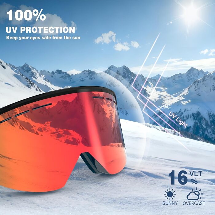 Скі-маска для чоловіків та жінок YH359, сноуборд маска для носіїв окулярів, OTG, антизапітніння, захист від УФ, антиковзаюча стрічка, повне REVO покриття, чорний/REVO червоний - VLT 16%