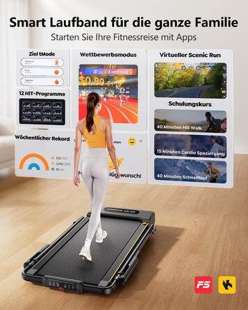 Бігова доріжка 6-в-1 для дому: Walking Pad зі схилом до 10%, швидкість 12 км/год, складана, LED-дисплей, 2.5 к.с., до 136 кг, пульт ДУ, додаток, чорно-жовта, 124.5x71.6x11.5 см