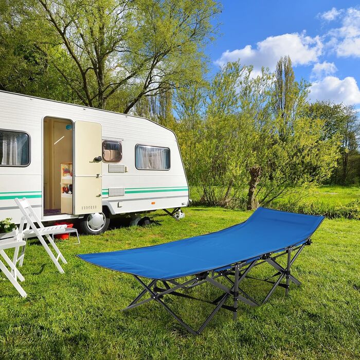 Розкладне ліжко SOARS для кемпінгу та відпочинку: стабільне металеве ліжко з кишенею та сумкою, до 272 кг, для саду, відпочинку на природі та в приміщенні (зелений/блакитний)