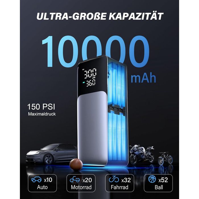 Портативний повітряний компресор-помпа з цифровим манометром, 150 PSI, акумулятор 10000 мА·год, для шин авто, велосипеда, мотоцикла, м'ячів, 12В