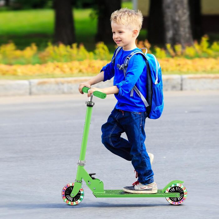 Дитячий самокат Kinder Scooter з LED колесами, алюмінієвий, складаний, регульована висота (до 50 кг), зелений