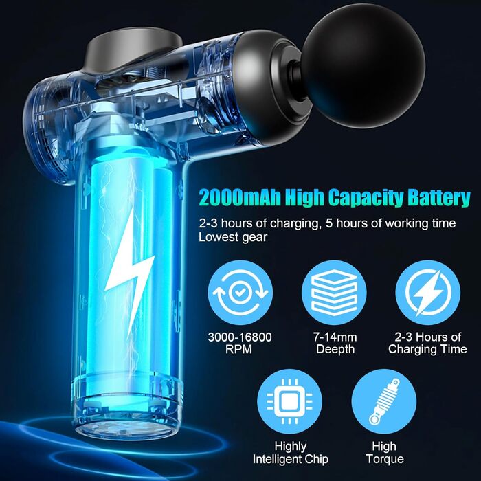 AQXONG Міні масажер для м'язів, портативний електричний масажер з LCD дисплеєм, 99 швидкостей, 8 насадок, тиха робота 35dB, акумуляторний