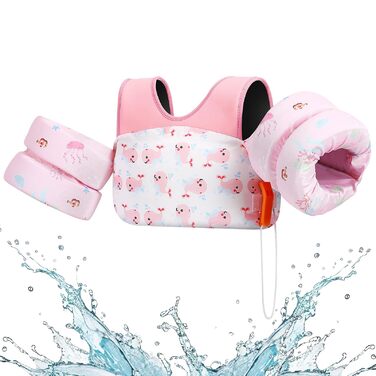 HeySplash Плавальні рукавики та жилет для дітей 15-30 кг, рожевий кит. Плавання для малюків, навчання плаванню, безпечний жилет з рукавиками, з свистком, регульовані ремінці, подвійна застібка.