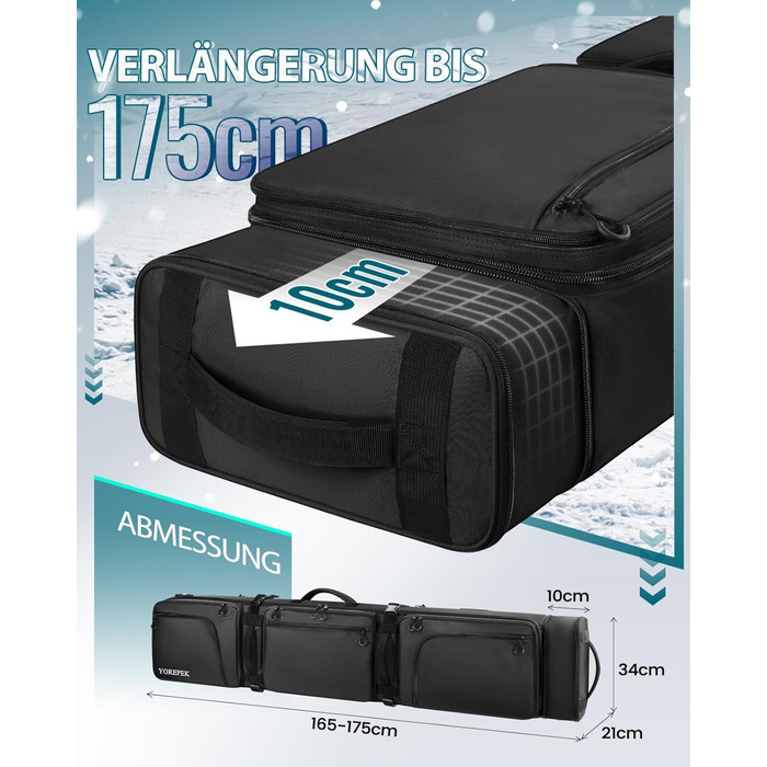 Чохол для сноуборду YOREPEK на колесах, водонепроникний, з кишенями для черевиків, розширюваний, 170 см, для 2 пар лиж/сноуборду, чорний