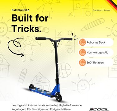 S'COOL Скутер для фристайлу – дитячий стент-скутер для дітей та підлітків від 6 років (Blue)