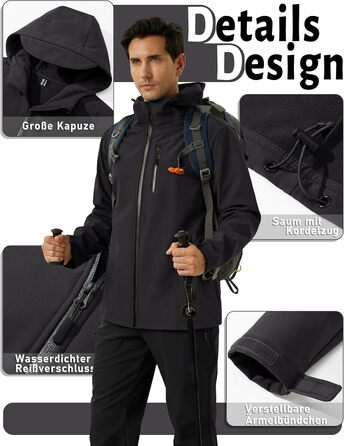Чоловіча куртка Softshell TACVASEN: водонепроникна outdoor куртка з флісовою підкладкою, вітрозахисна та дихаюча куртка-вітровка з капюшоном для роботи, велосипеда та походів, L, чорна