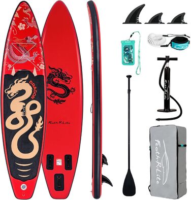 Надувна SUP-дошка FEATH-R-LITE для дорослих і підлітків, комплект: помпа, рюкзак, весло, ремінь, червоний дракон, для всіх рівнів