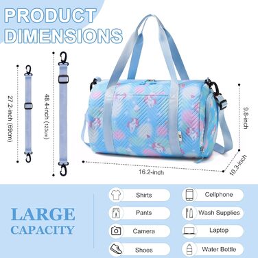 Спортивна сумка для дівчаток з єдинорогом, водонепроникна, з відділенням для взуття та мокрих речей, маленька сумочка для подорожей, фітнесу, школи, спорту (Блакитна)