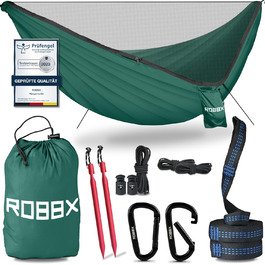 Гамак для відпочинку на відкритому повітрі ROBBX® з москітною сіткою на 2 особи | 300 кг | Подвійний гамак з комплектом кріплення | Нейлон, для кемпінгу та подорожей | 290x140 см (Зелений)