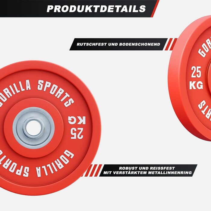 Бамперні диски GORILLA SPORTS 50 мм, гумовані, 5-25 кг – олімпійські вагові плити з чавуну для штанги