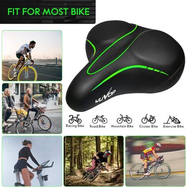 Широке велосипедне сідло Oversized для жінок та чоловіків. Комфортне, водонепроникне сідло з світловідбивальною смугою. Підходить для Peloton, фітнес-велосипедів, круїзерів та міських велосипедів. Чорний / білий (чорний / зелений)