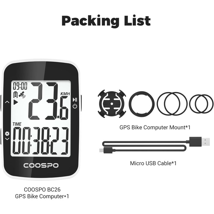 COOSPO BC26 GPS велосипедний комп'ютер Bluetooth 5.0, бездротовий, водонепроникний, велоспідометр з 2,3'' екраном та авто-підсвіткою