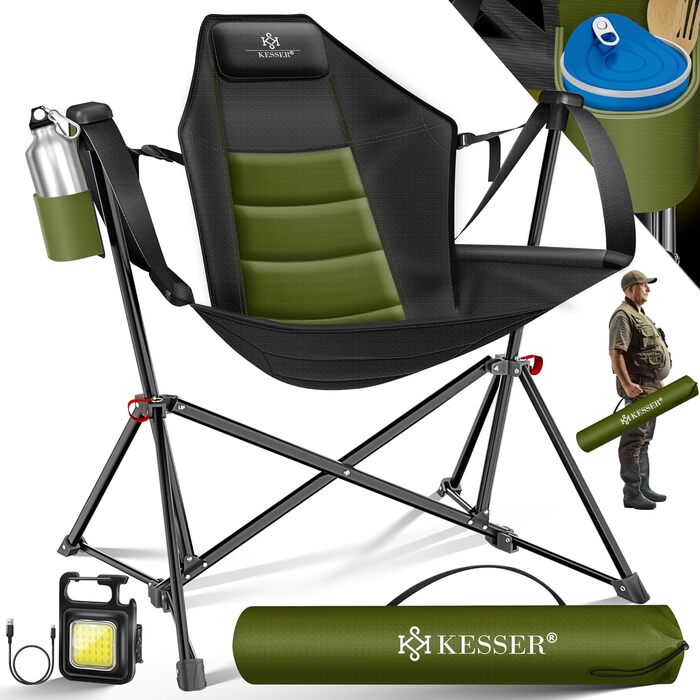 Крісло для кемпінгу KESSER® Schaukelstuhl: складне, з підсвічуванням та тримачем для напоїв, до 160 кг, Хакі/Чорний