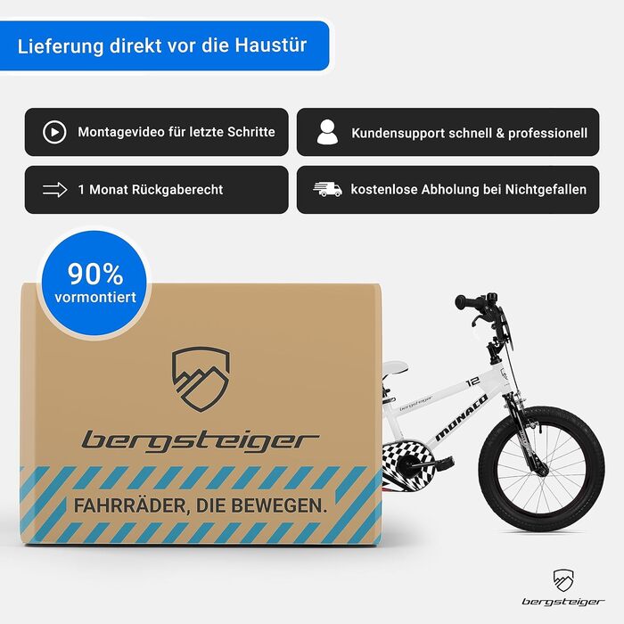 Дитячий велосипед Bergsteiger Monaco 12 дюймів, для 3-4 років, BMX, з додатковими колесами, заднім гальмом, пляшкою та захистом ланцюга