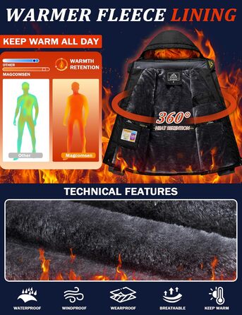 Чоловіча флісова куртка MAGCOMSEN на зиму. Тепла, з підкладкою, для катання на лижах, туризму та кемпінгу. Вітро- та водонепроникна, з капюшоном. Розмір XL, чорно-сіра.