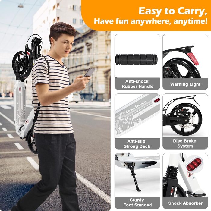 Дитячий складаний самокат з великими колесами 200 мм, дискові гальма, регульована висота, з ремінним ременем, для дітей 8-15 років (Білий)