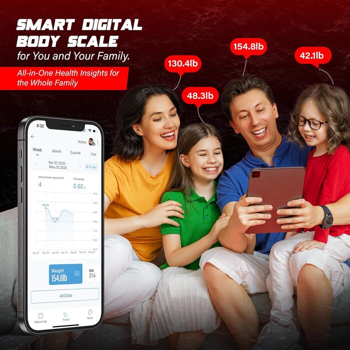 Інтелектуальна вага Bisonbody Smart Digital Body Scale – вимірювання 29 показників здоров'я, для фітнес-ентузіастів, міцна скляна платформа, 8 датчиків, підключення до смартфону