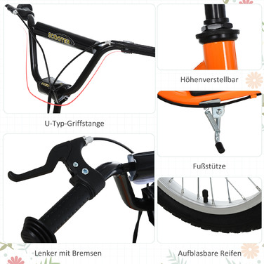 Дитячий самокат HOMCOM від 5 років Kick Scooter City Scooter з пневматичною шиною 16 дюймів Передній 12 дюймів Задній Помаранчевий 135x58x88-94 см