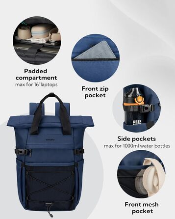 Рюкзак WATERFLY Rolltop 16-21л для чоловіків і жінок, стильний міський рюкзак із відділенням для ноутбука 16'', універсальний для школи, роботи, подорожей і спорту