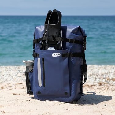 Водонепроникний рюкзак Ruqqle 45 л, RollTop, 3 зовнішні кишені, для пляжу, човнів, каяків, подорожей, кемпінгу, риболовлі та мотоциклів (Блакитний)