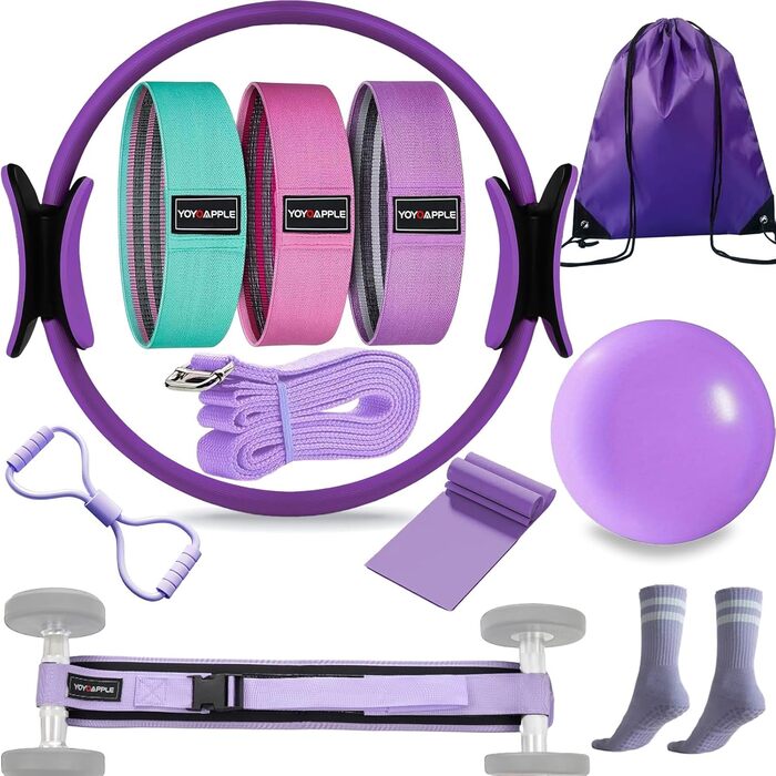 Набір для пілатесу вдома, 11-кількісний набір для пілатесу, фітнес-набір для жінок, м'яч для пілатесу та кільце, аксесуари для пілатесу (фіолетовий)