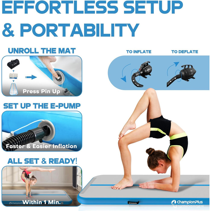 Надувна гімнастична матка Track 5м з електричним насосом, килимок для йоги, кемпінгу, фітнесу, спорту (м'ятно-зелений, 400x100x10 см)