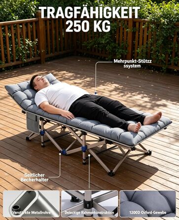Ліжко туристичне розкладне Feldbett 7-зонне XXL 250 кг, 1200D Oxford, кут нахилу 15°, сіре – для кемпінгу, саду, палатки