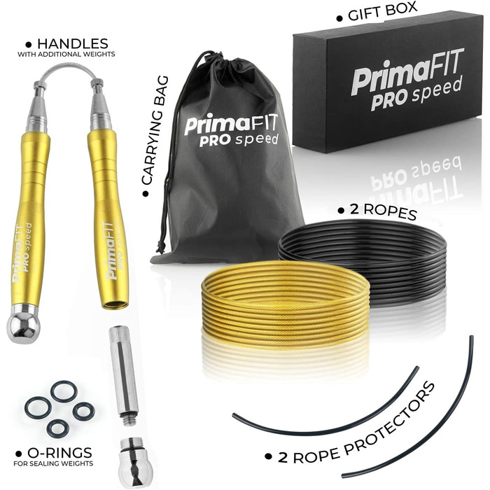 Скакалка PrimaFIT для дорослих: професійна, з регулюванням, з вагою, 3м, 2 підшипники, антиковзні ручки, для боксу, MMA, кросфіту, сталеве тросик, сумка (золота)