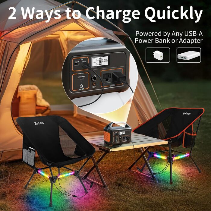 Складний туристичний стілець BeLeEv з кишенями, чорний. Легкий, компактний для кемпінгу, риболовлі, відпочинку на природі.