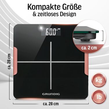Ваги Grundig для людей: цифрові ваги, до 180 кг, прецизійні сенсори, LCD дисплей, чорний колір (з батарейками)