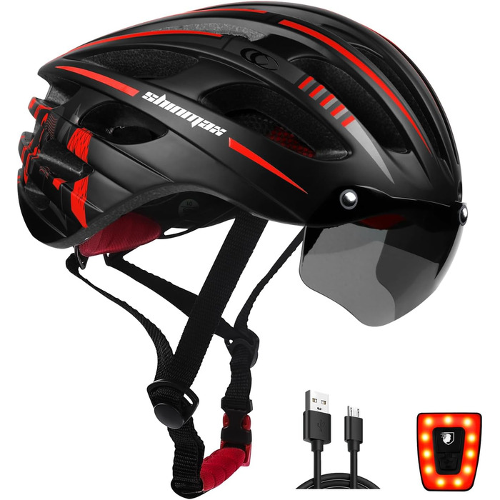 Велошолом KINGLEAD для жінок і чоловіків, MTB, з магнітними окулярами, USB-ліхтарем, регульований, зі світловідбивачами, 57-62 см, червоний
