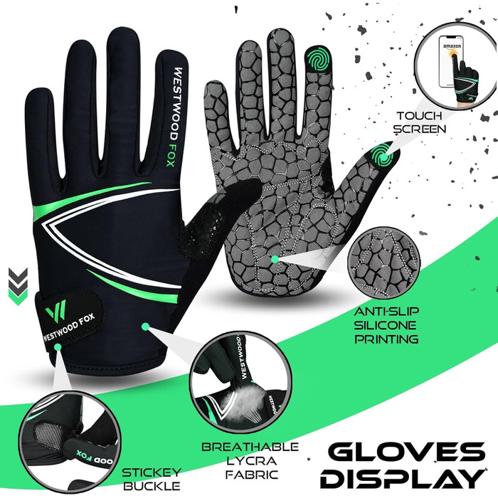 Велосипедні рукавички Westwood Fox Vofinger з антиковзким покриттям та підтримкою сенсорного екрану, амортизуючі рукавички для гірського велосипеда, шосе, перегонів, їзди та спорту для чоловіків та жінок (S, зелений)