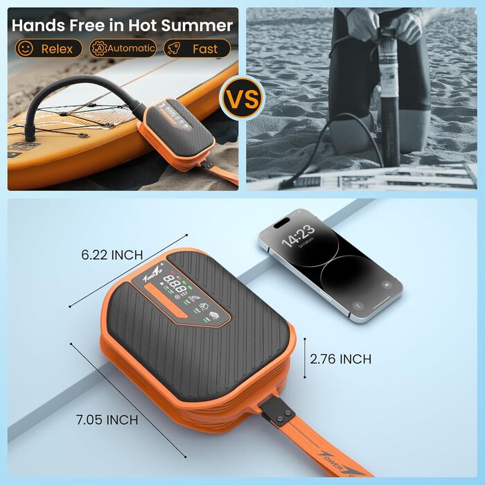 Акумуляторний насос TowerTop Sup Pumpe 10500mAh для SUP-бордів, човнів та авто, 50 PSI, 12V, двоступеневий (накачування та випуск повітря) з 8 насадками