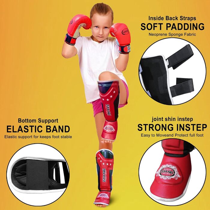Дитячі щитки для гомілок Farabi Sports для кікбоксингу, MMA, муай-тай, захист гомілки для тренувань, спарингу, боксу, бойових мистецтв, червоні