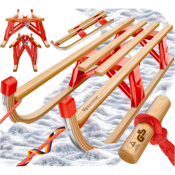 Дерев'яний санчата KESSER® Premium з буку, складні, з тяговим тросом та металевими чіпами, без спинки, червоні