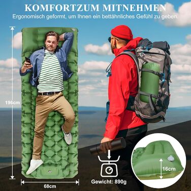 Каремат самонадувний Vinstein 16 см, для кемпінгу та відпочинку на природі, з інтегрованими подушками та насосом, ультралегкий, водонепроникний, зелений