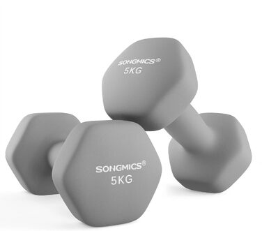 Гантелі SONGMICS 2 x 5 кг, неопрена, гексагональні, набір для фітнесу та силових тренувань вдома, сіро-блакитні