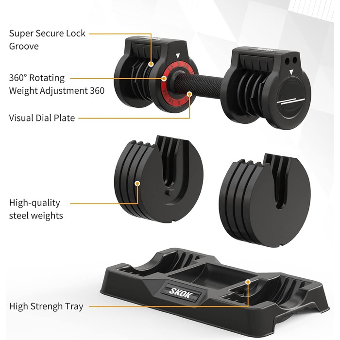 Набір гантелей SKOK 25/55 lbs (11,3 кг) з регульованою вагою, чорний, з підставкою