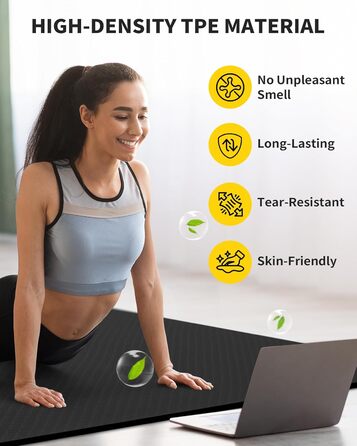 Йогамат CAMBIVO XXL 183x122 см, товщина 6/8/10/12 мм, TPE, чорний